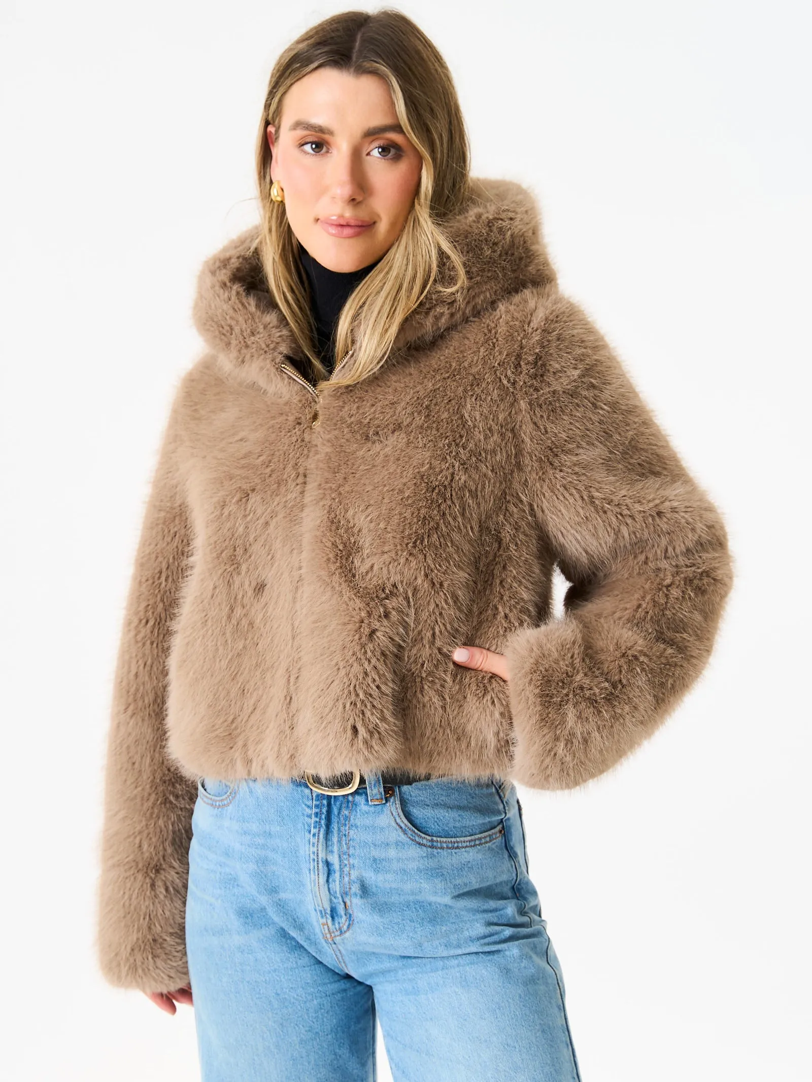 Stone Zip Front Cropped Faux Fur Jacket