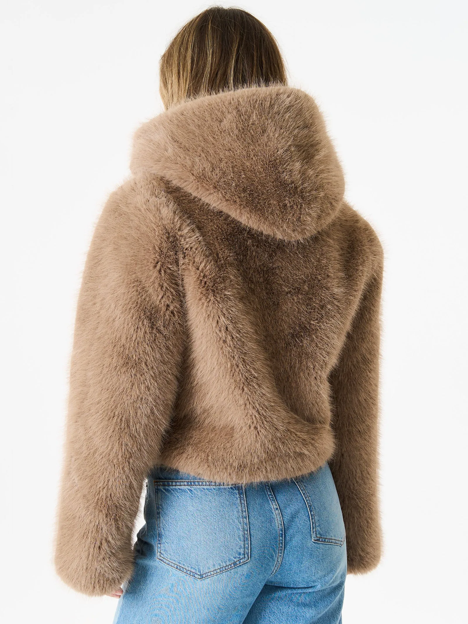 Stone Zip Front Cropped Faux Fur Jacket