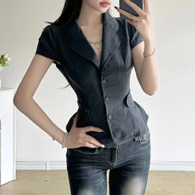 Streetwear Stripe Cargo Style Women Blouse Tops Buttons Belt-Waist Cardigan Jacket Ruffles Summer Shirt Cropped Chic