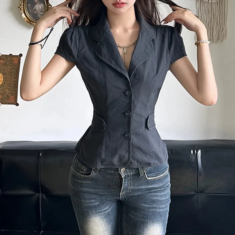 Streetwear Stripe Cargo Style Women Blouse Tops Buttons Belt-Waist Cardigan Jacket Ruffles Summer Shirt Cropped Chic