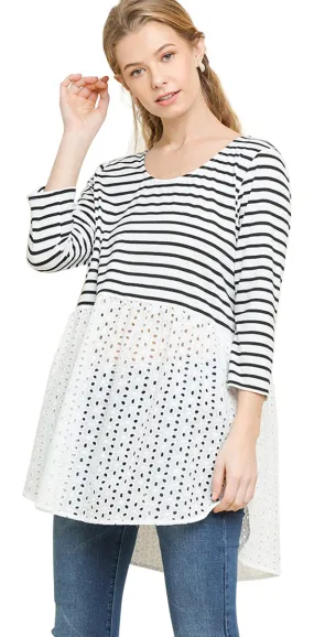 Striped & Eyelet Babydoll Top, White