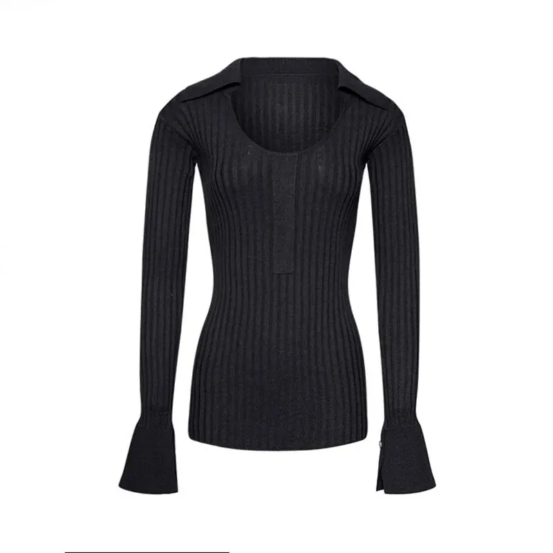 Striped Black Knitwear For Women O Neck Flare Sleeve Minimalist Tunic Sweaters Female Autumn Fashion Clothing