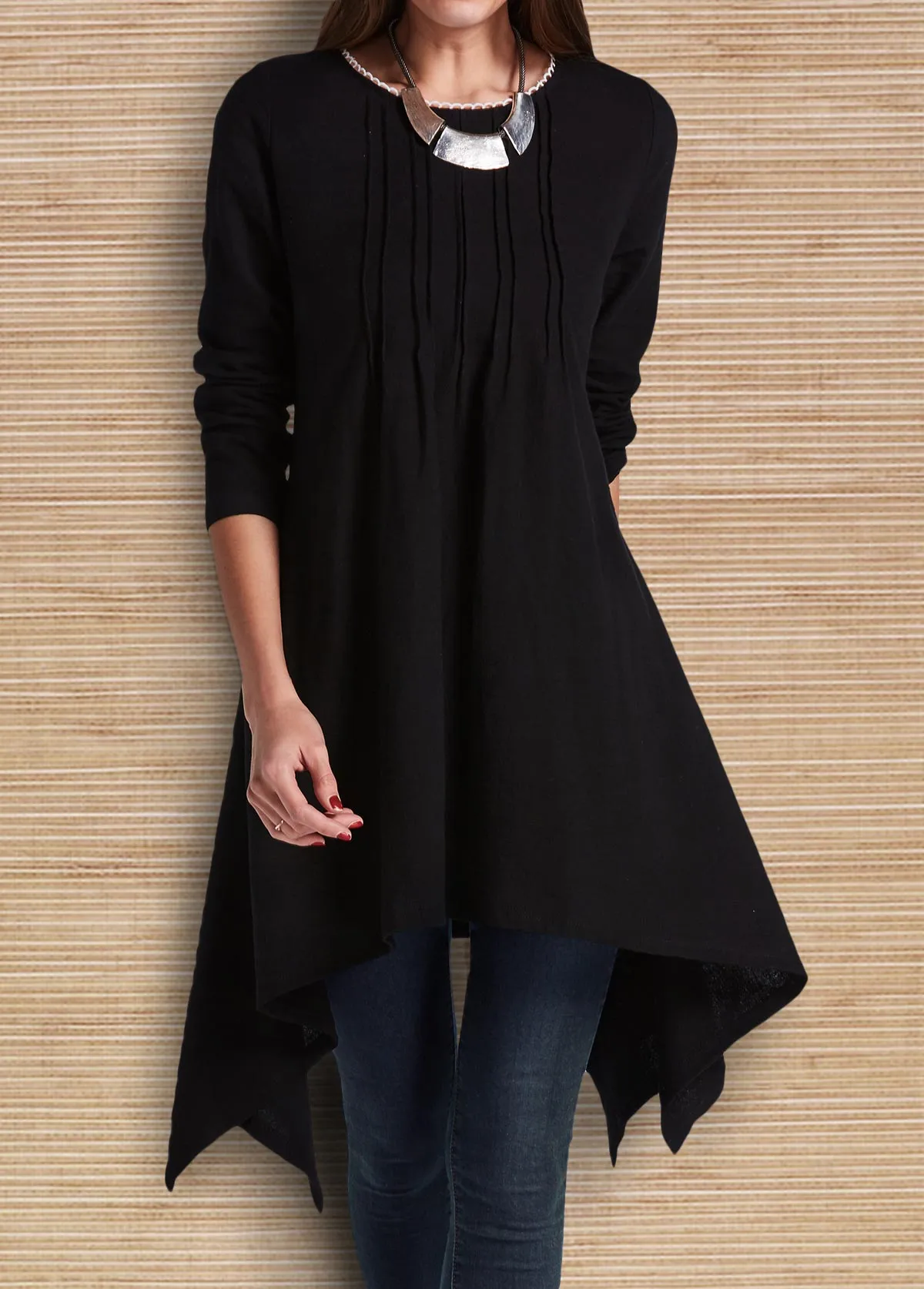 Stunning Black Crinkle Chest Asymmetric Tunic T Shirt