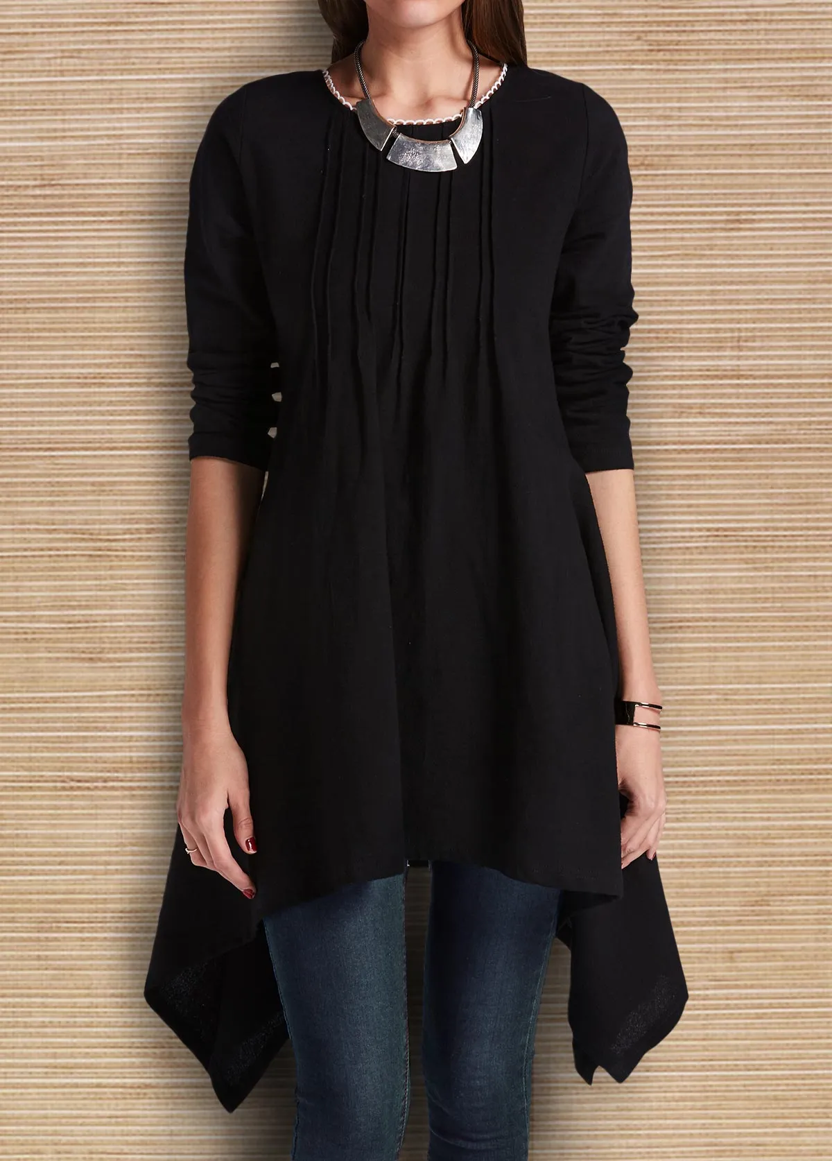 Stunning Black Crinkle Chest Asymmetric Tunic T Shirt