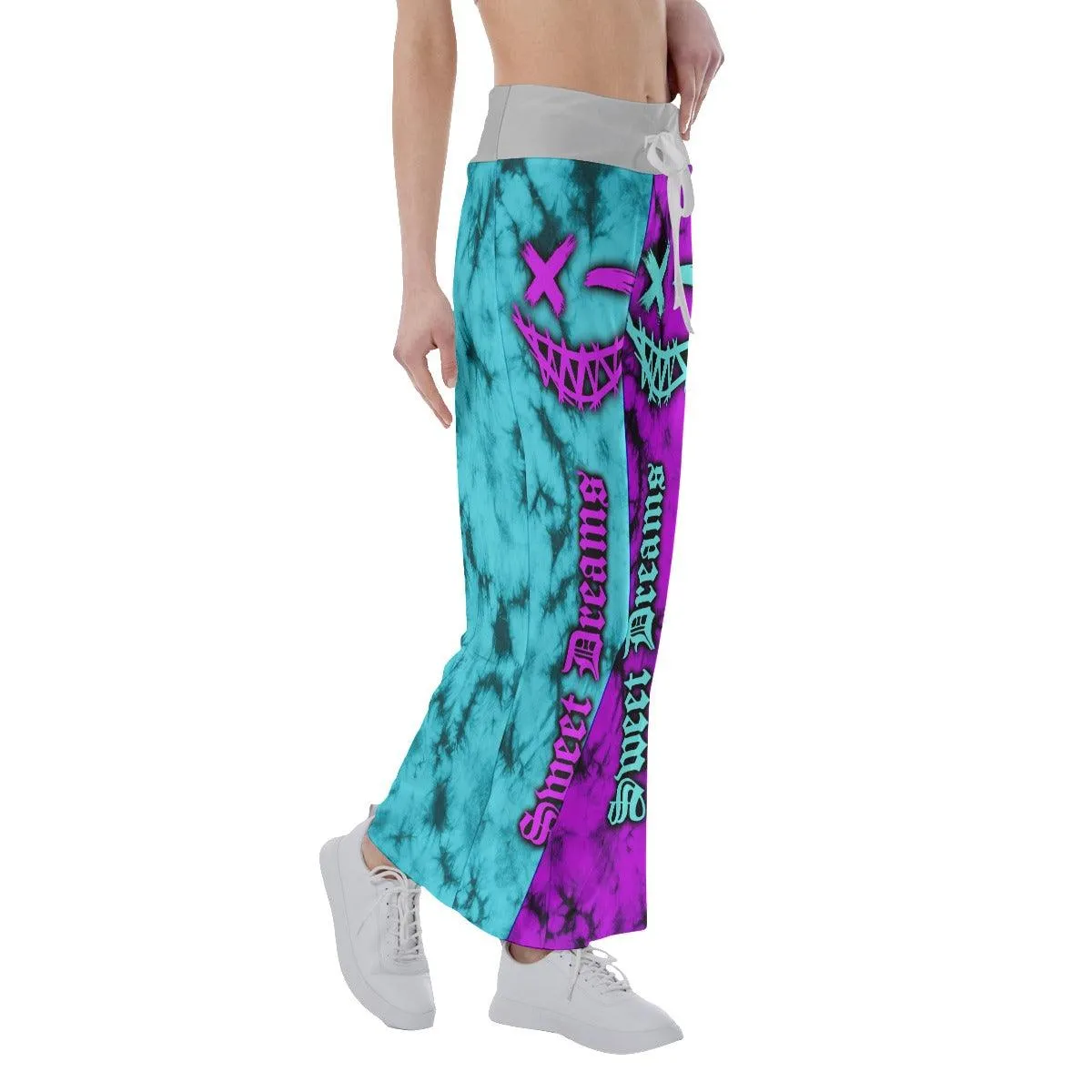 Sweet Dream Face Smile Half Cyan Purple High-waisted Wide Leg Pants