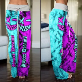 Sweet Dream Face Smile Half Cyan Purple High-waisted Wide Leg Pants