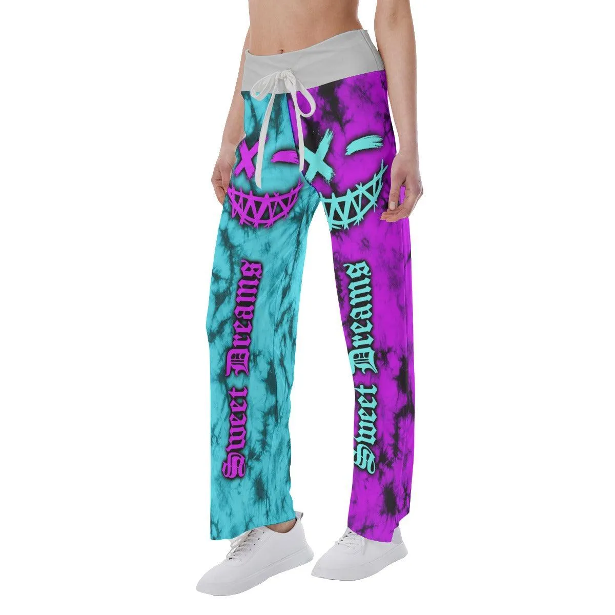 Sweet Dream Face Smile Half Cyan Purple High-waisted Wide Leg Pants