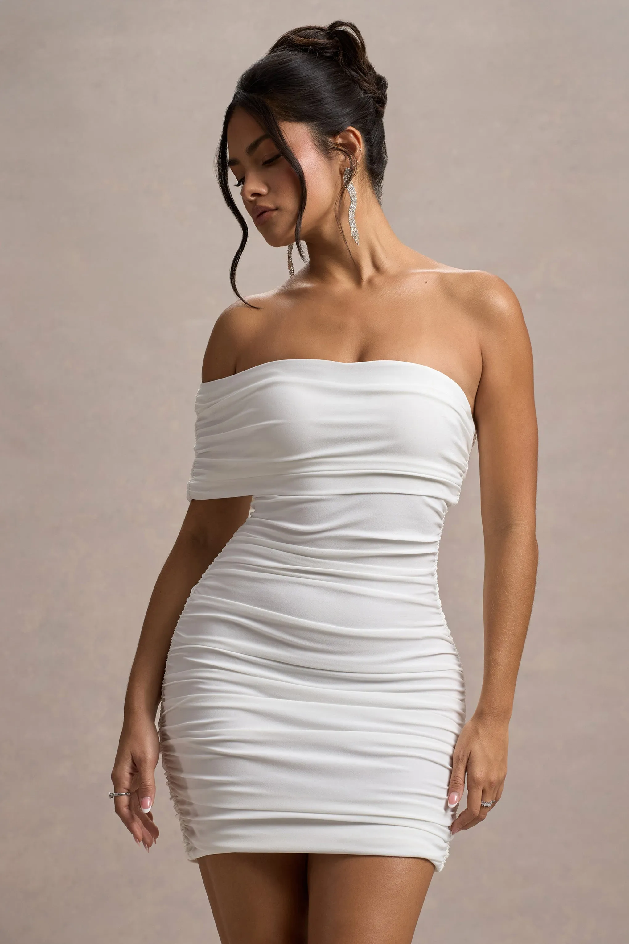 Tampa | White Ruched Asymmetric Bardot Mini Dress