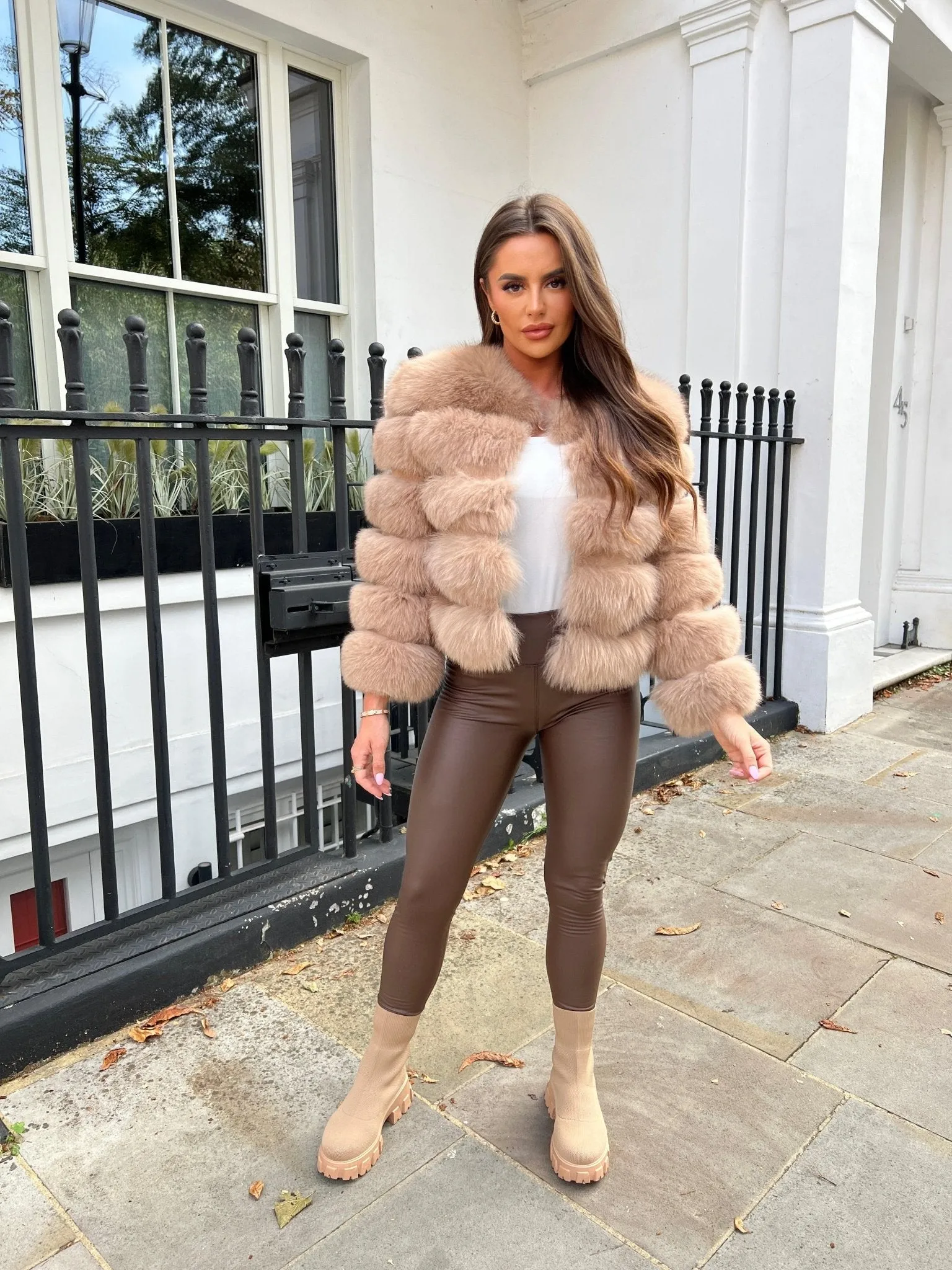 Tan Luxury Fur 5 Row Cropped Sleeve Jacket