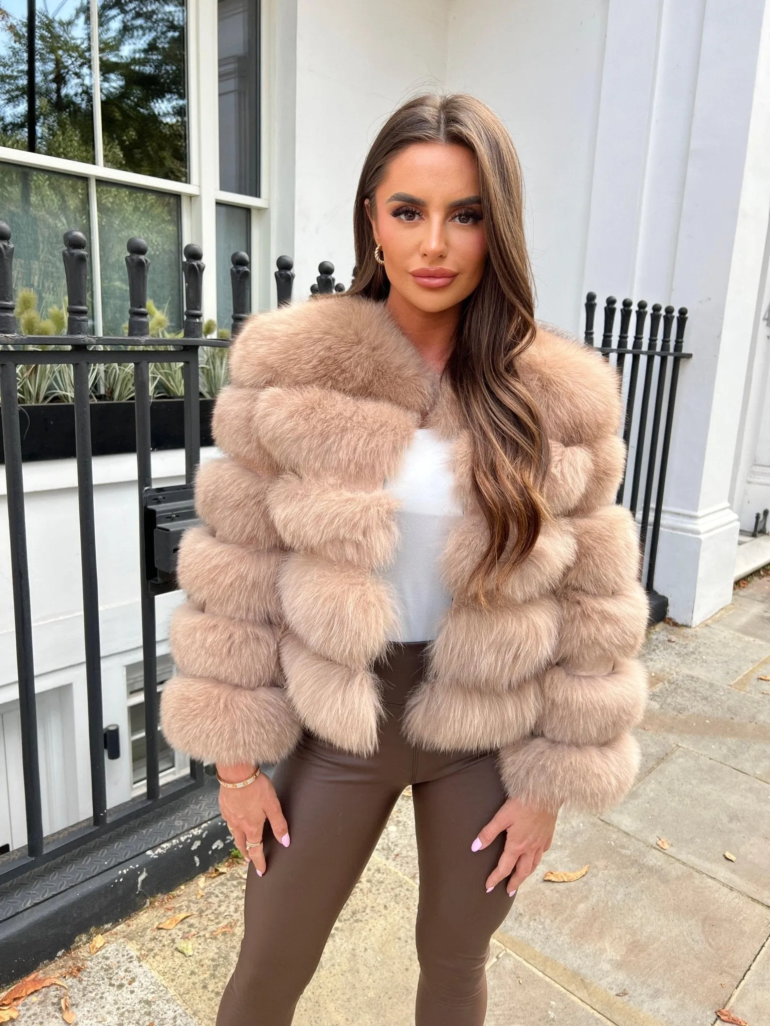 Tan Luxury Fur 5 Row Cropped Sleeve Jacket