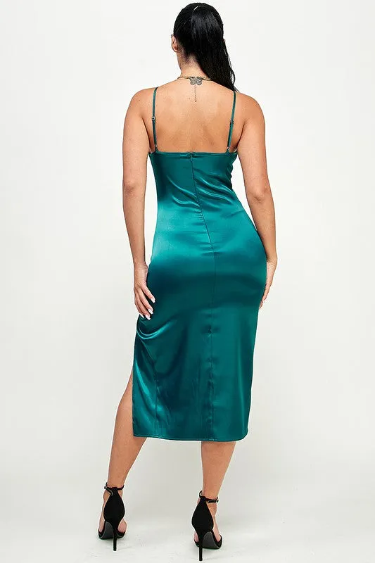 Teal Solid Satin Front Knot Midi Bodycon Dress