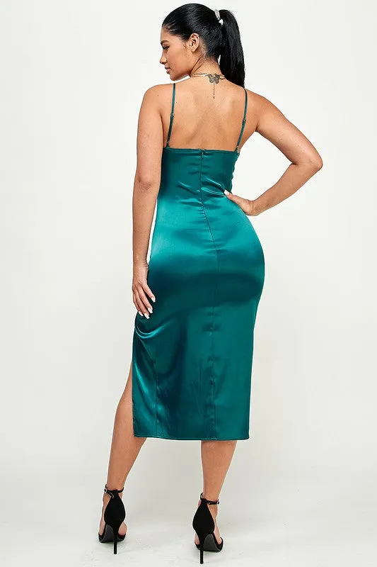 Teal Solid Satin Front Knot Midi Bodycon Dress