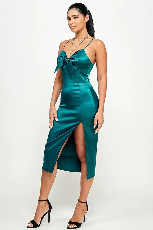 Teal Solid Satin Front Knot Midi Bodycon Dress