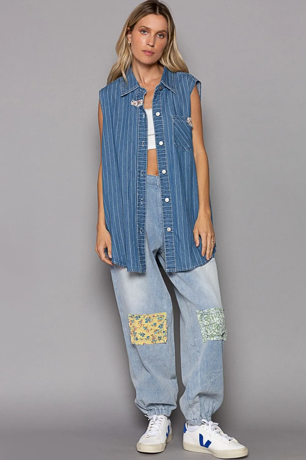 TEEK - Button Down Sleeveless Striped Denim Shirt