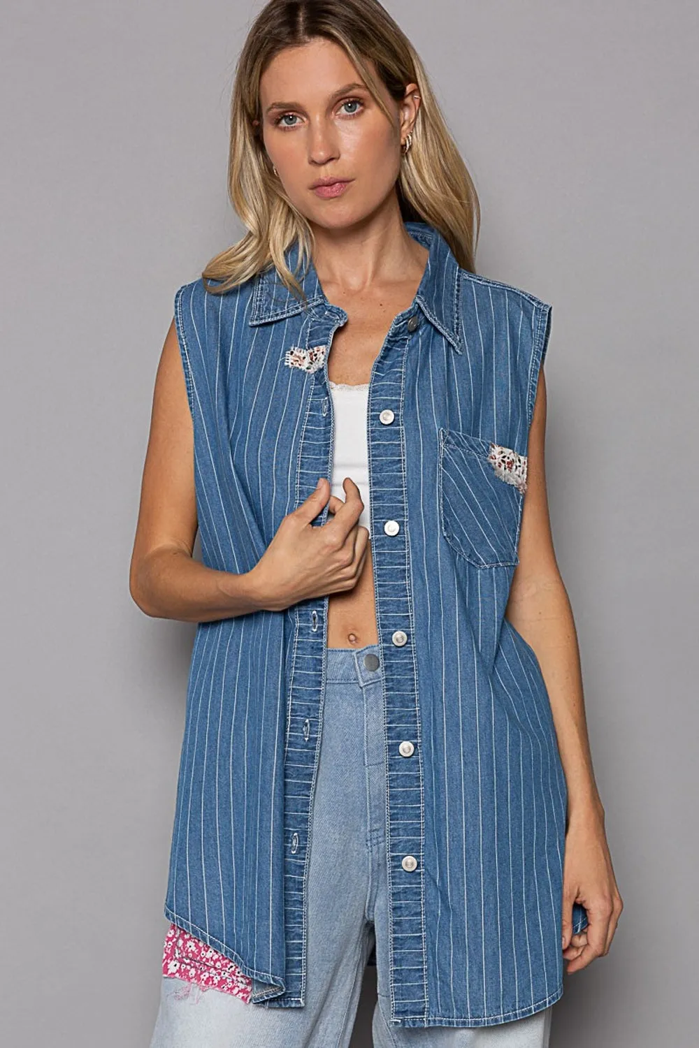 TEEK - Button Down Sleeveless Striped Denim Shirt