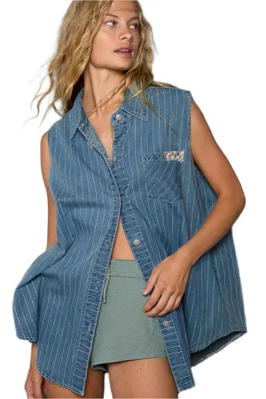 TEEK - Button Down Sleeveless Striped Denim Shirt