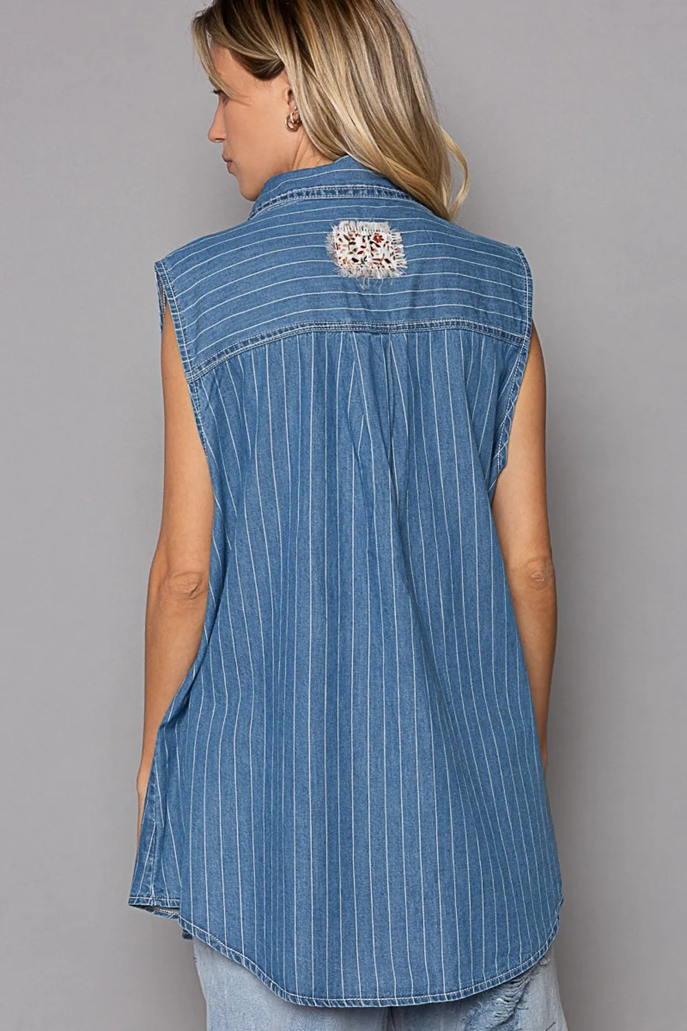 TEEK - Button Down Sleeveless Striped Denim Shirt