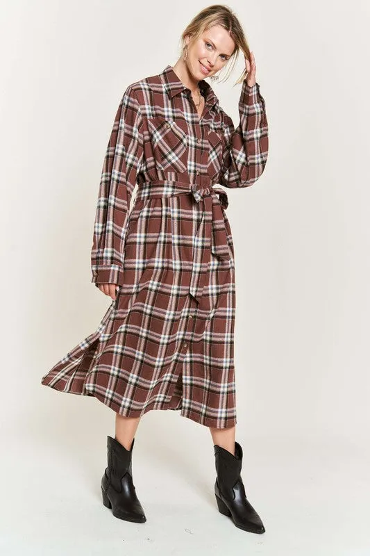 TEEK - PLUS SIZE  PLAID PRINT COLLAR LONG SHIRT DRESS