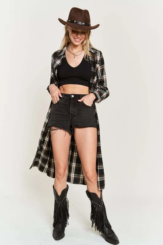 TEEK - PLUS SIZE  PLAID PRINT COLLAR LONG SHIRT DRESS