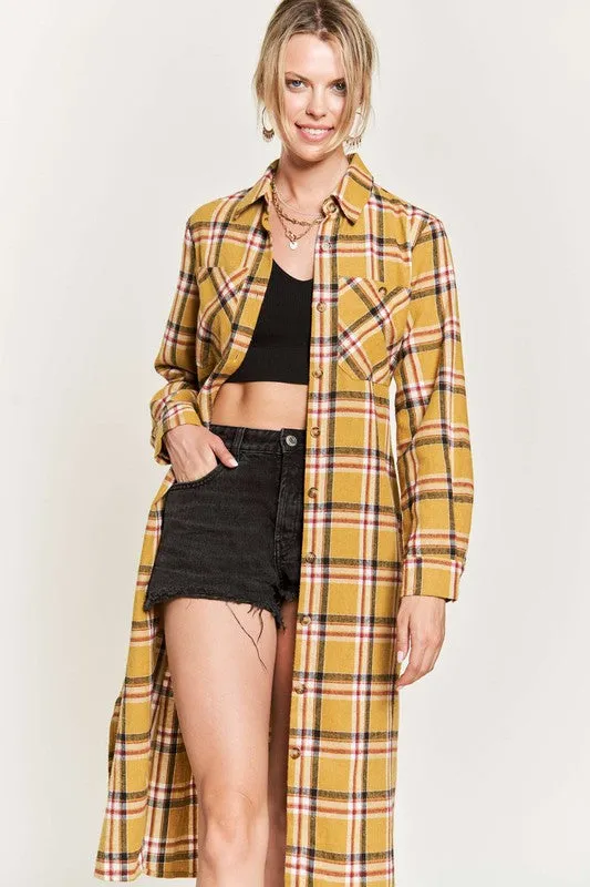 TEEK - PLUS SIZE  PLAID PRINT COLLAR LONG SHIRT DRESS