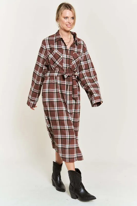 TEEK - PLUS SIZE  PLAID PRINT COLLAR LONG SHIRT DRESS