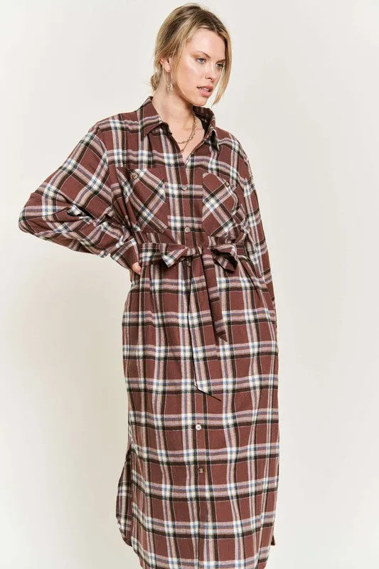 TEEK - PLUS SIZE  PLAID PRINT COLLAR LONG SHIRT DRESS