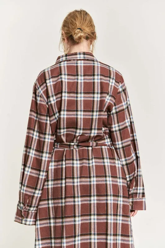 TEEK - PLUS SIZE  PLAID PRINT COLLAR LONG SHIRT DRESS