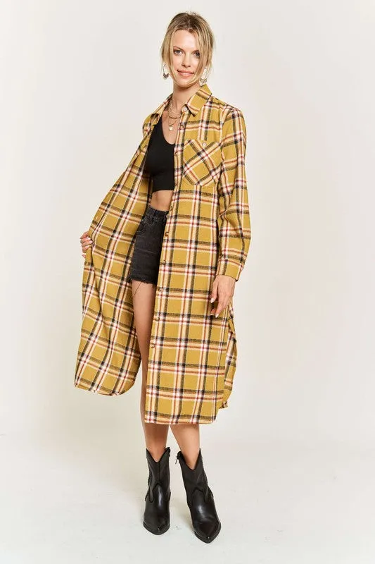 TEEK - PLUS SIZE  PLAID PRINT COLLAR LONG SHIRT DRESS