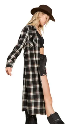 TEEK - PLUS SIZE  PLAID PRINT COLLAR LONG SHIRT DRESS