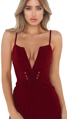 The Victoria Deep V Lace Up Corset Belt Midi Dress Burgundy