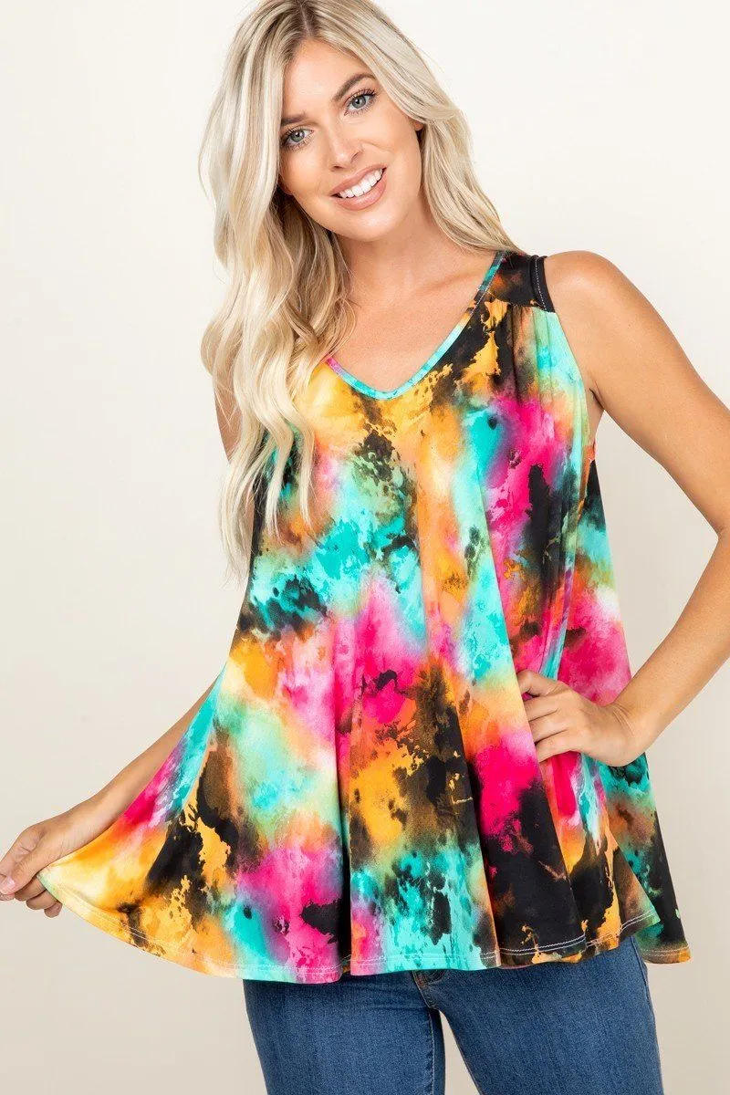 Tie Dye Sleeveless V Neck Swing Tunic Top