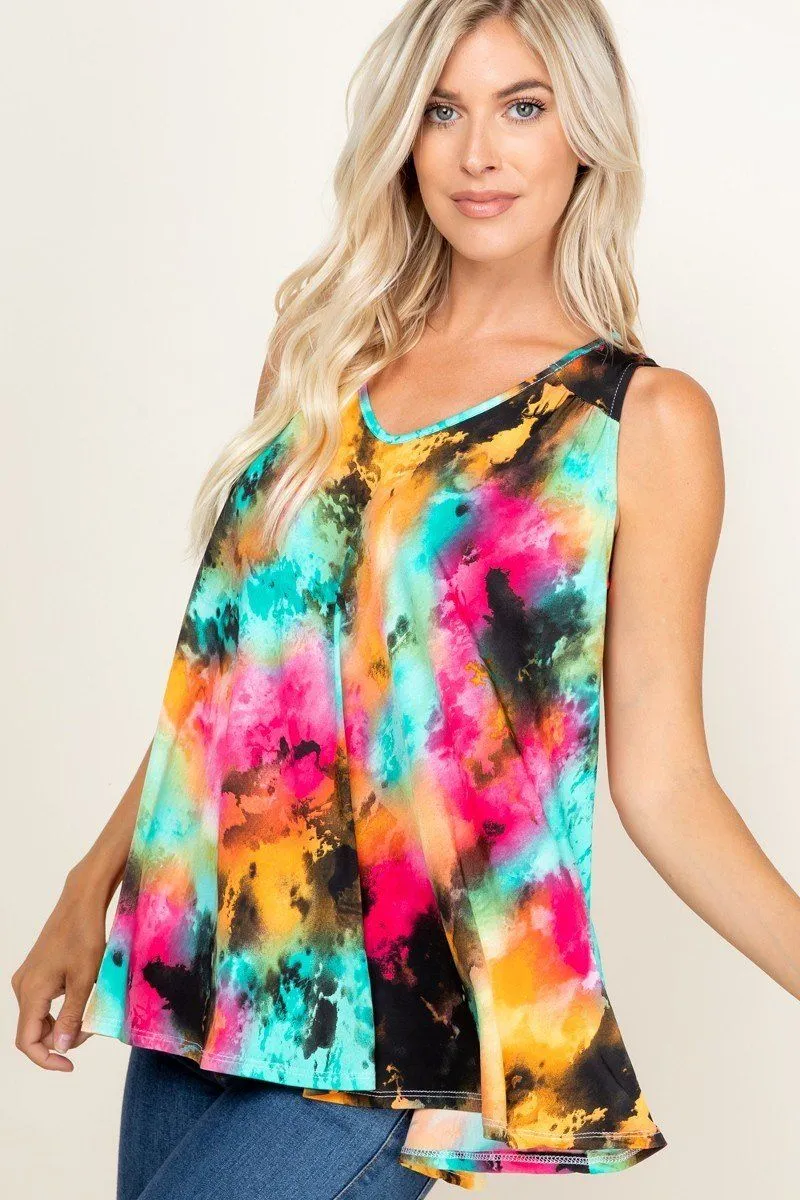 Tie Dye Sleeveless V Neck Swing Tunic Top