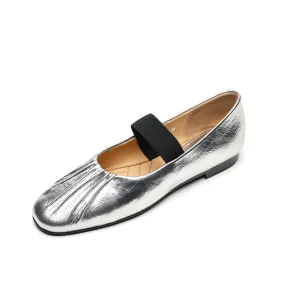 TinaCus Women's Genuine Leather Elastic Band Handmade Round Toe Comfortable Flat Shoes