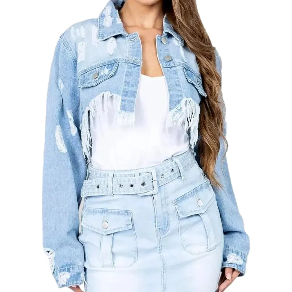 Trendy light wash women's denim jacket