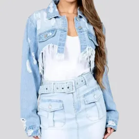 Trendy light wash women's denim jacket