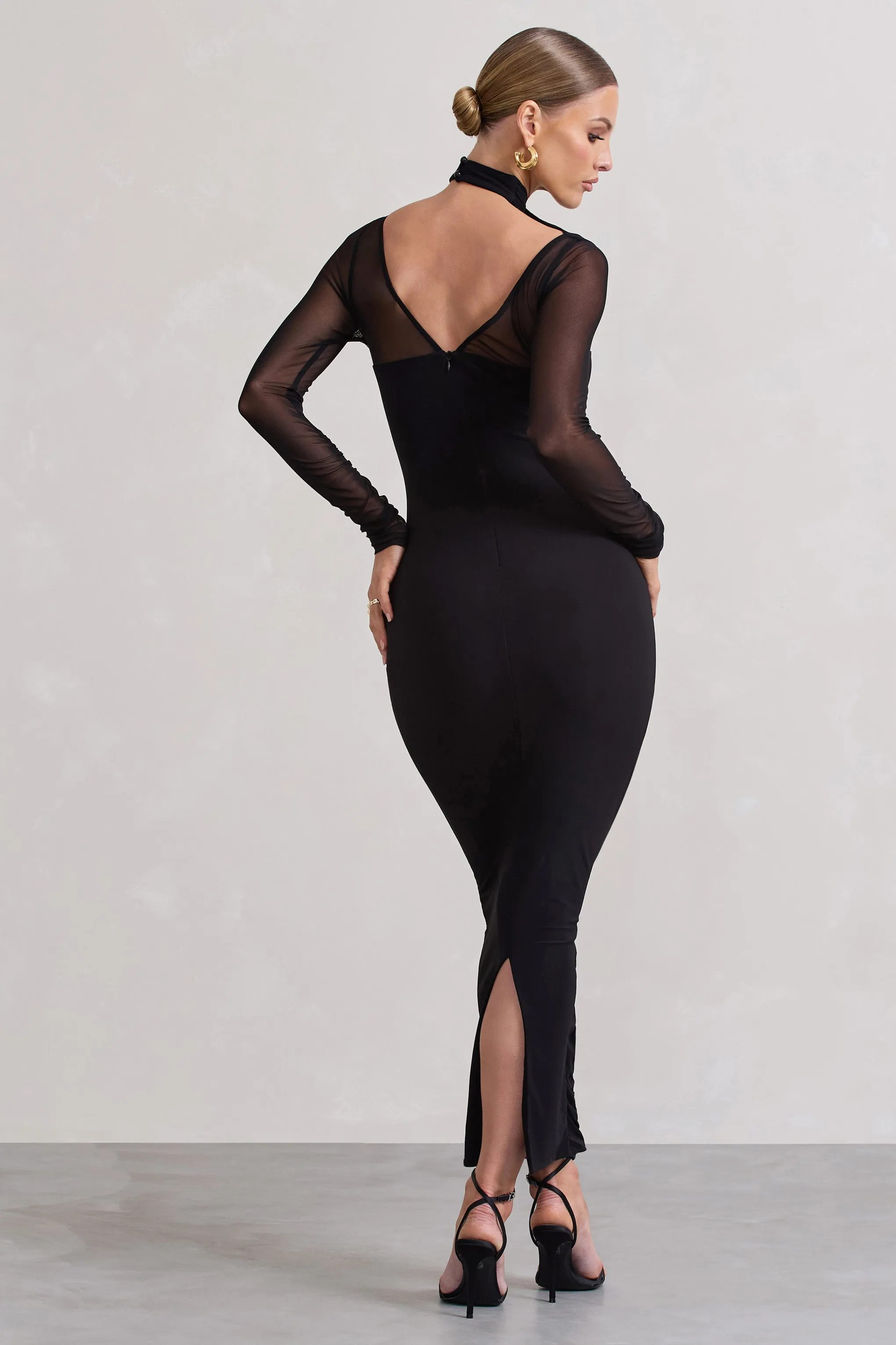 Under Wraps | Black Ruched Cut Out Long-Sleeve Midi Dress