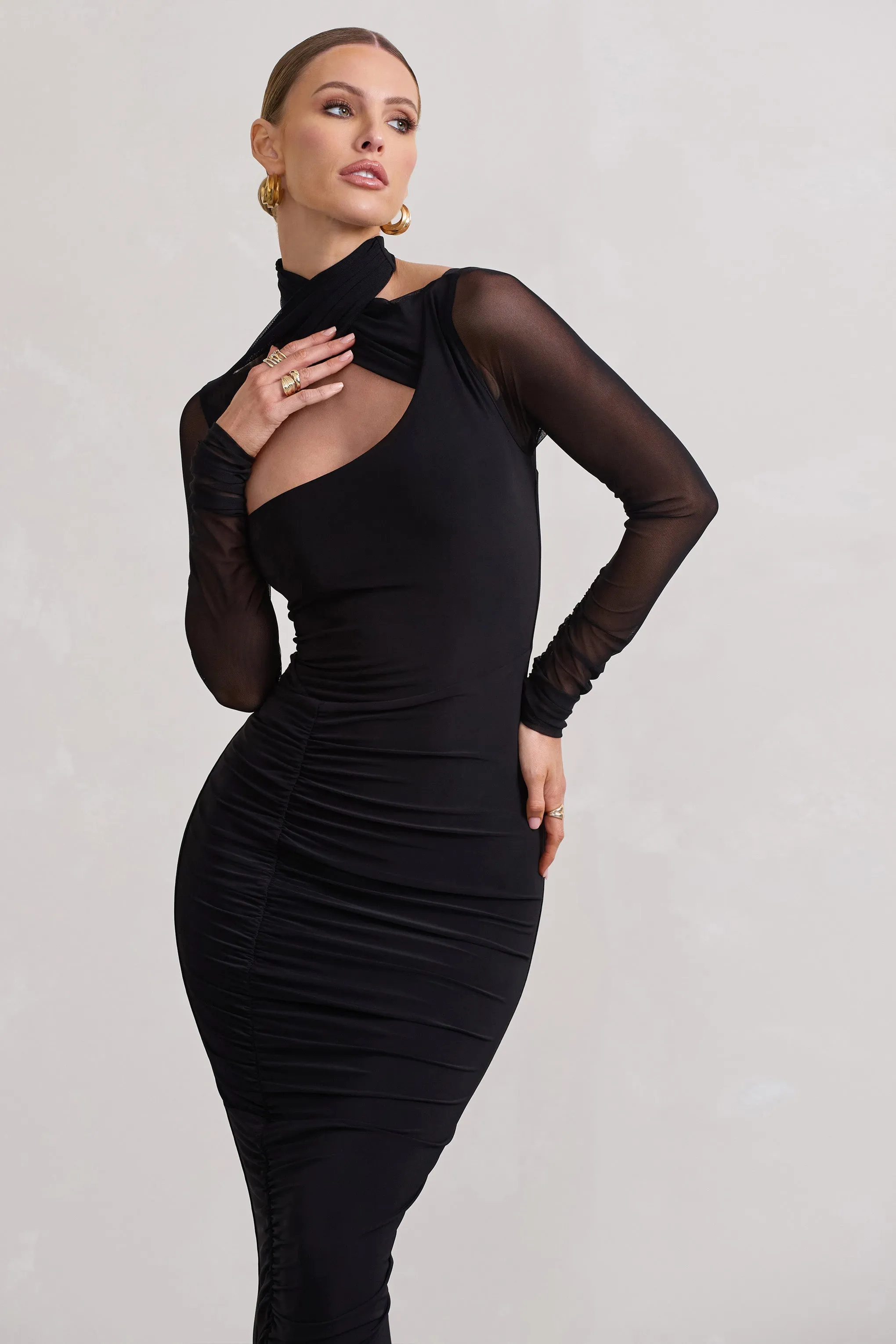 Under Wraps | Black Ruched Cut Out Long-Sleeve Midi Dress