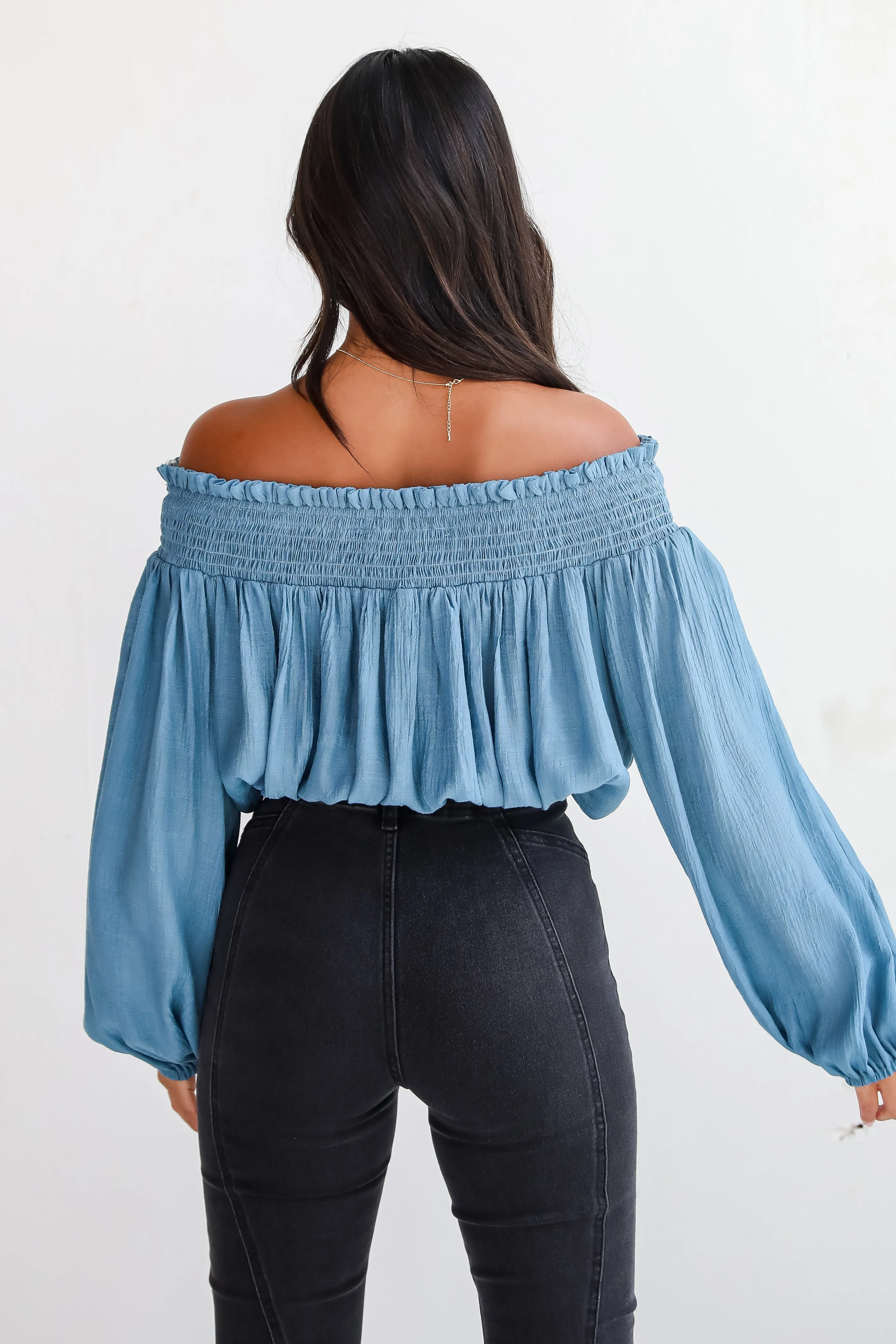 Utterly Pretty Blue Off-The-Shoulder Cropped Blouse - DU DEAL