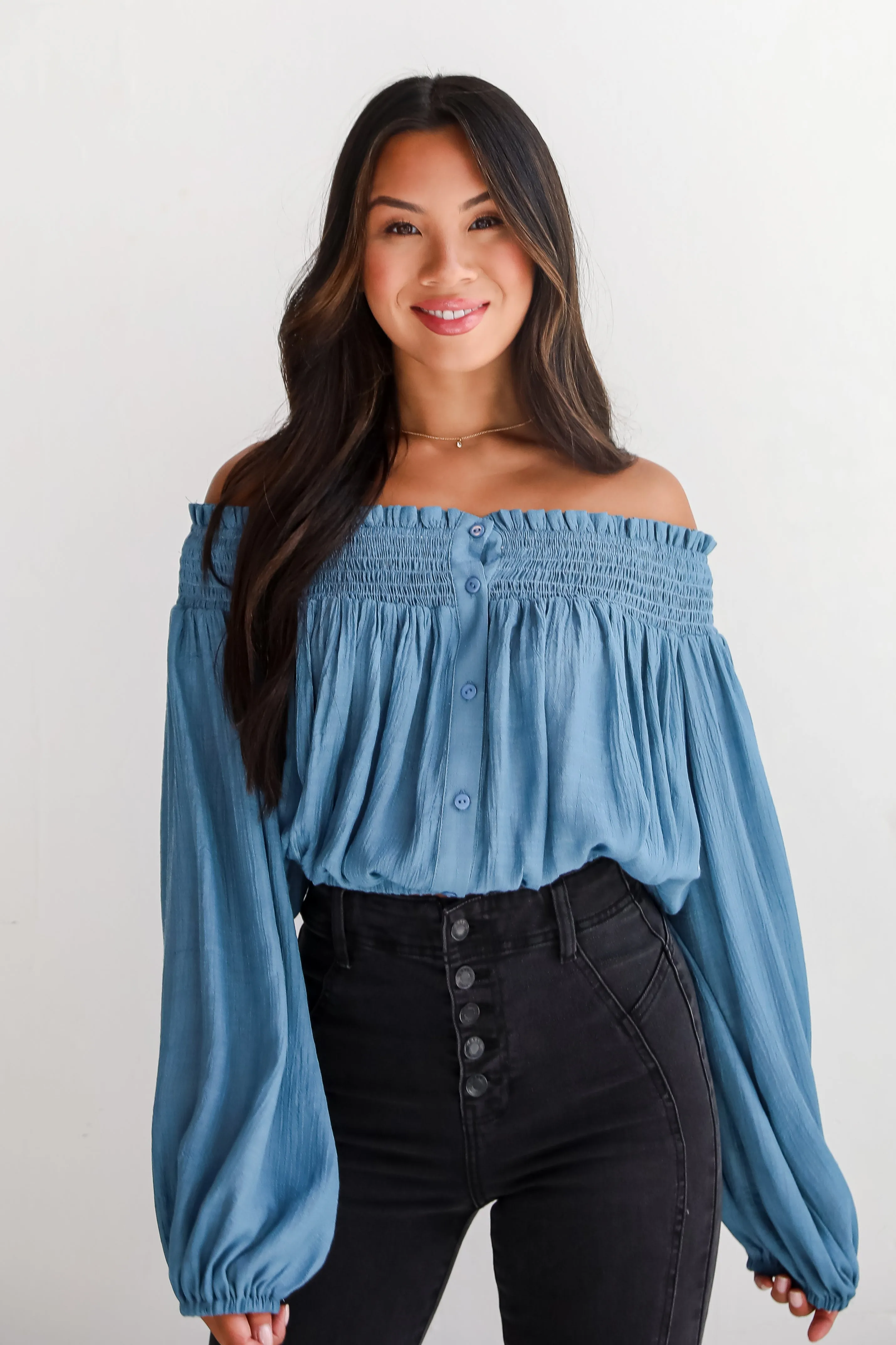 Utterly Pretty Blue Off-The-Shoulder Cropped Blouse - DU DEAL