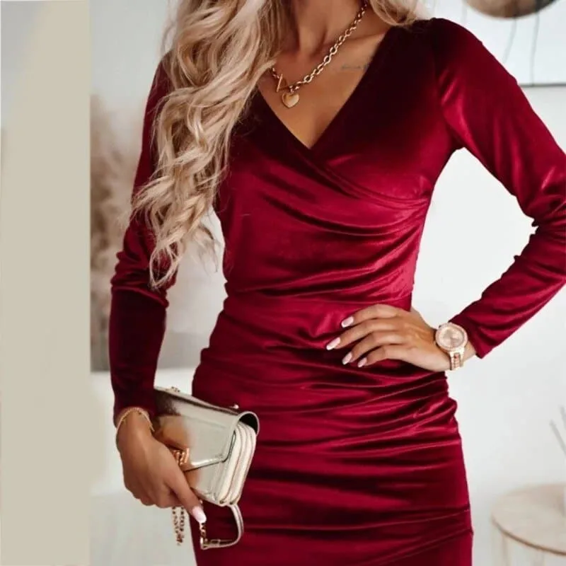 V Neck Velvet Dress - Elegant Slim Fit Knee Length Dress with V-Neckline and Stretch Fabric