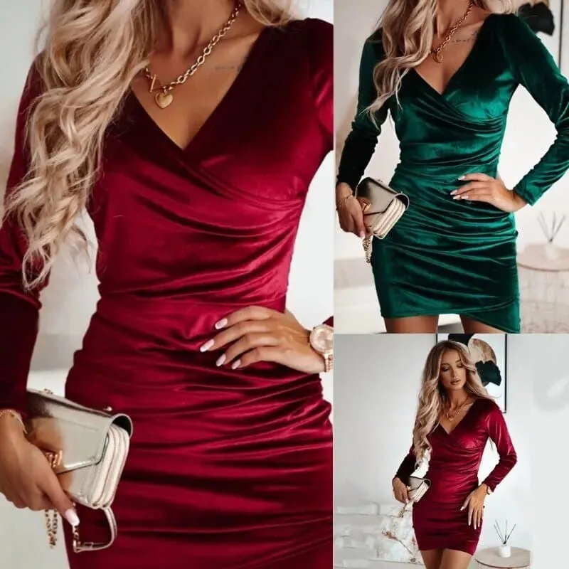 V Neck Velvet Dress - Elegant Slim Fit Knee Length Dress with V-Neckline and Stretch Fabric