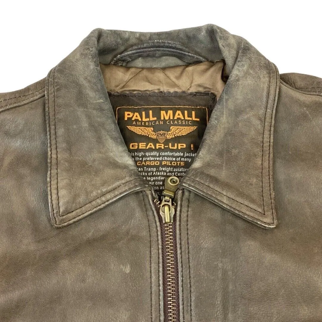 Vintage 90s Brown Leather Zip Down Pall Mall Embroidered Pilot Jacket XL