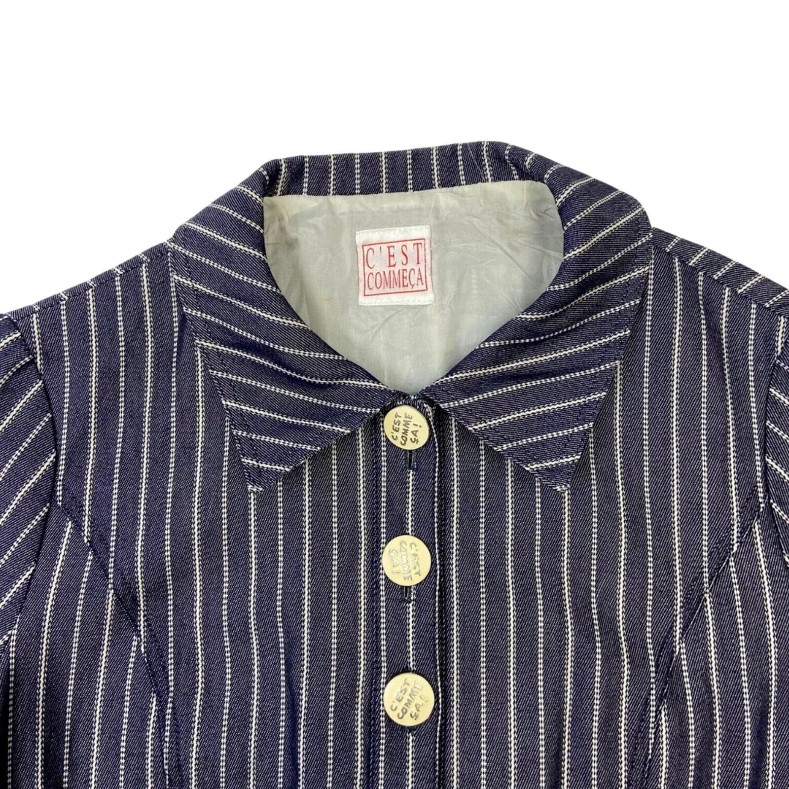 Vintage 90s Navy Blue C’est Comme Ça Cropped Striped Jacket 8 10 S