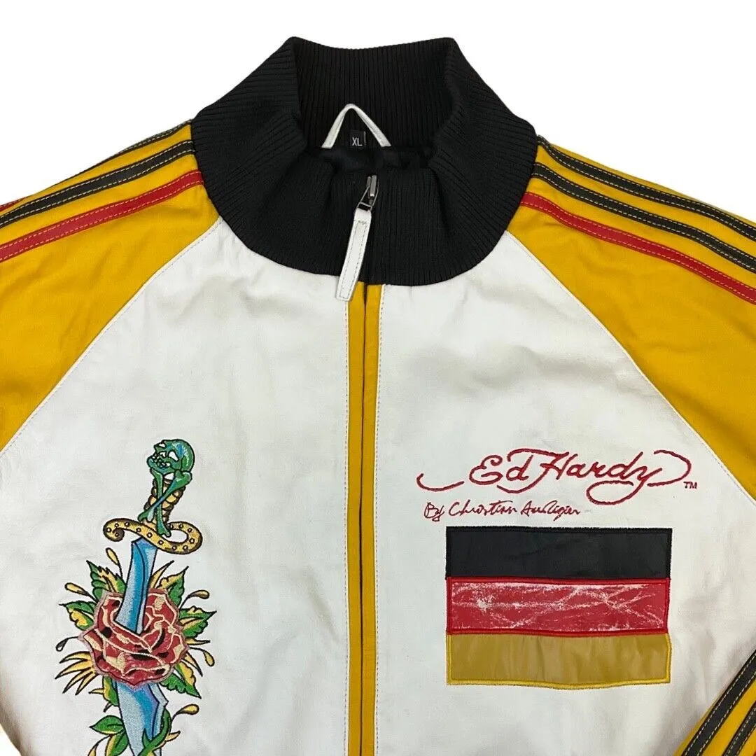 Vintage Y2K Super Rare White Yellow Embroidered Ed Hardy Leather Bomber Jacket L