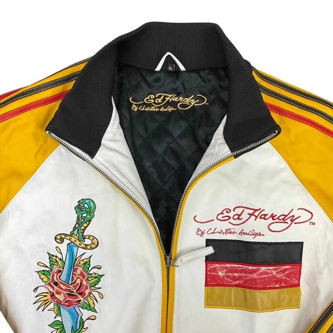 Vintage Y2K Super Rare White Yellow Embroidered Ed Hardy Leather Bomber Jacket L