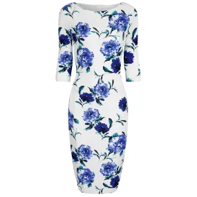 White and Blue Floral Print 3/4 Sleeve Bodycon Pencil Wiggle Dress