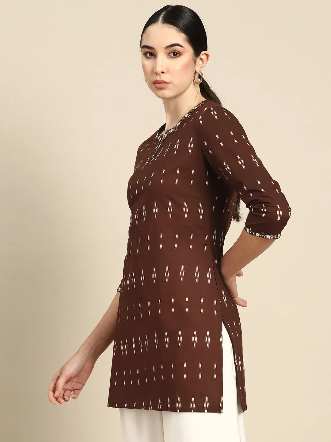 Women Brown Embroidered Ikat Printed Straight Tunic