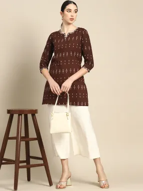 Women Brown Embroidered Ikat Printed Straight Tunic