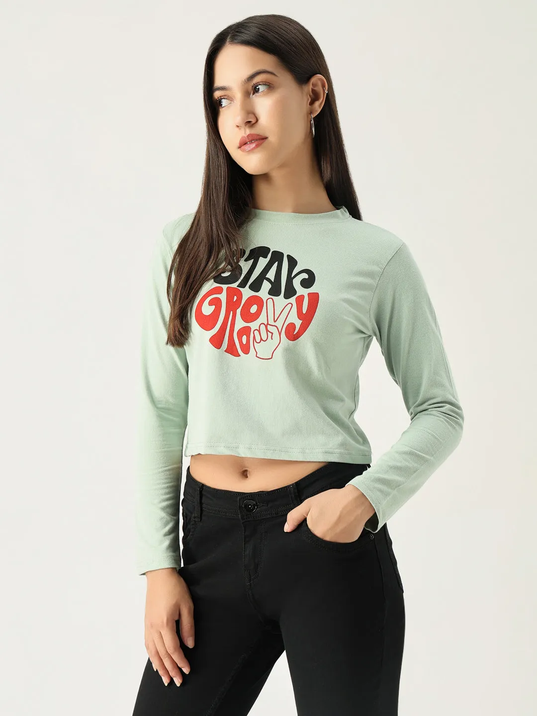 Women Graphic Sea Green Crop T Shirt