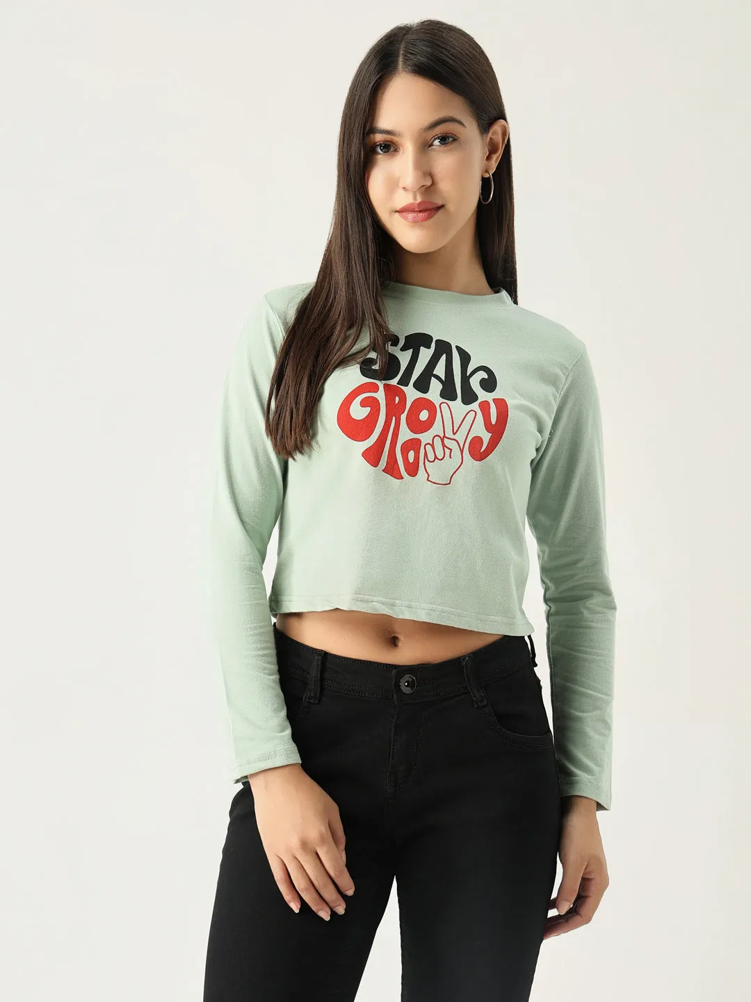 Women Graphic Sea Green Crop T Shirt